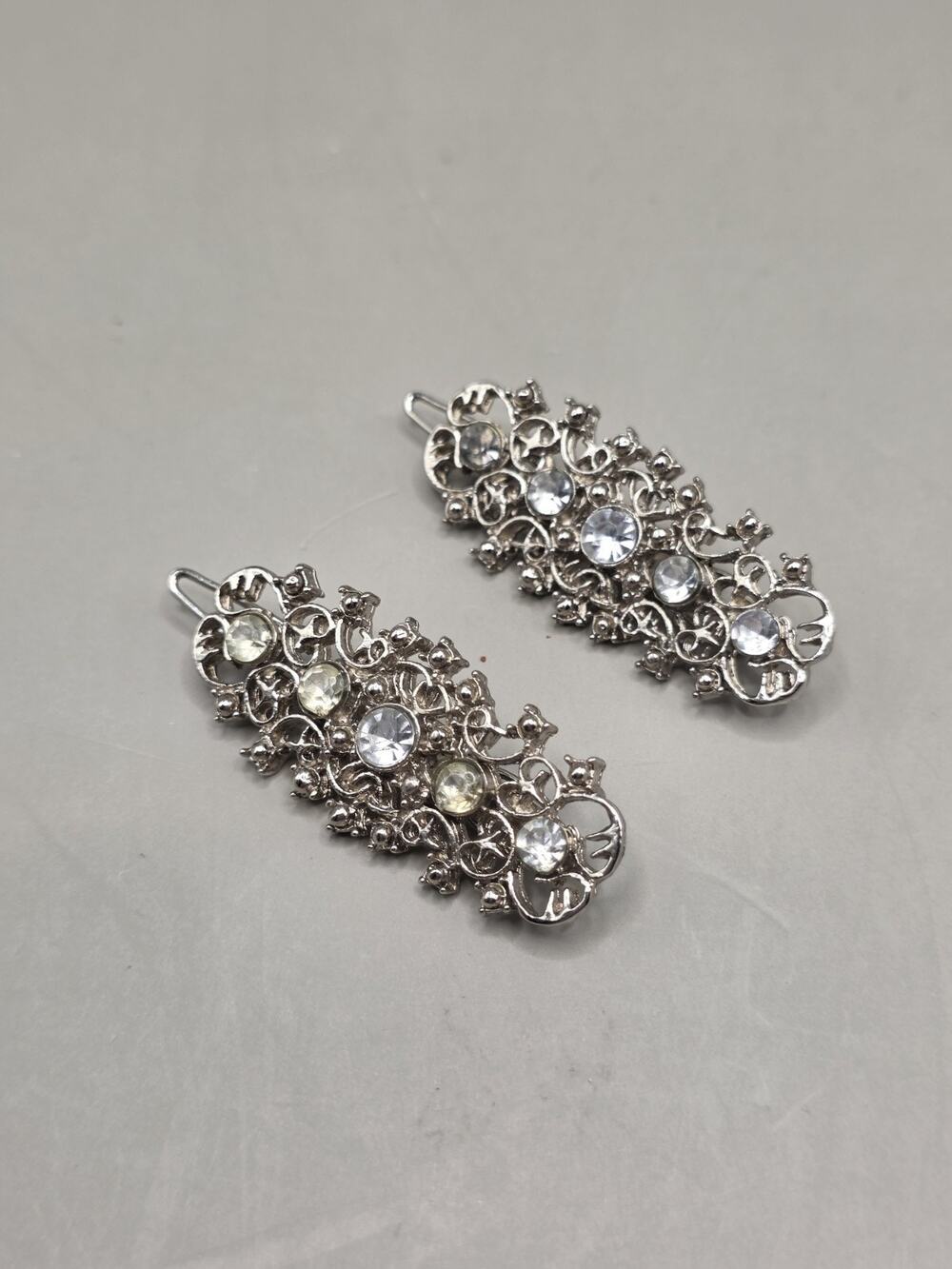 Heidi Daus Swarovski Crystal Hair Clips Barrettes Set of 2 Silver Tone Ornate